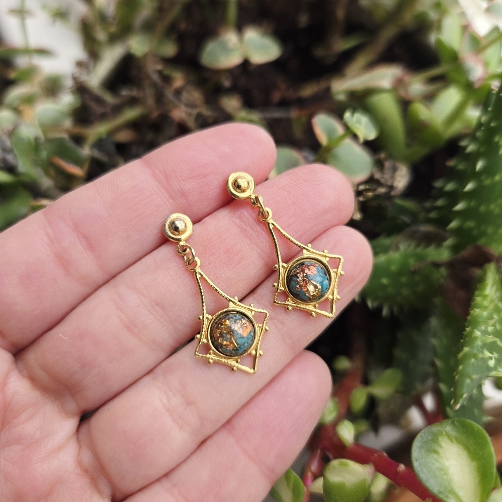 Vintage 14K GP Rainbow Flake Turquoise Dainty Dangle Medieval Style Earrings